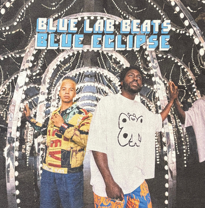 Black t-shirt with graphic design of two people and text 'Blue Lab Beats Blue Eclipse' Cover art of Blue Lab Beats forth album.