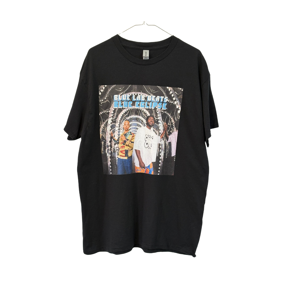 Black t-shirt with graphic design of two people and text 'Blue Lab Beats Blue Eclipse' Cover art of Blue Lab Beats forth album on white background.