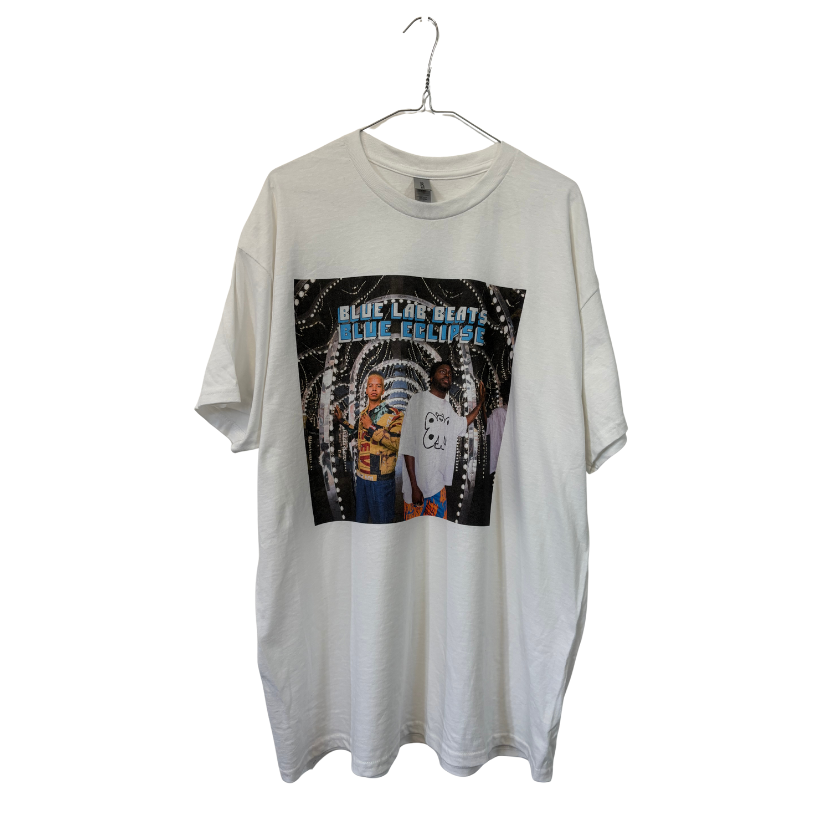 White t-shirt with graphic design of two people and text 'Blue Lab Beats Blue Eclipse' Cover art of Blue Lab Beats forth album on white background.