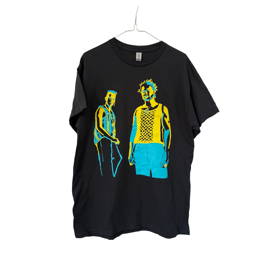 Black t-shirt with blue and yellow graphic design of two figures on a white background