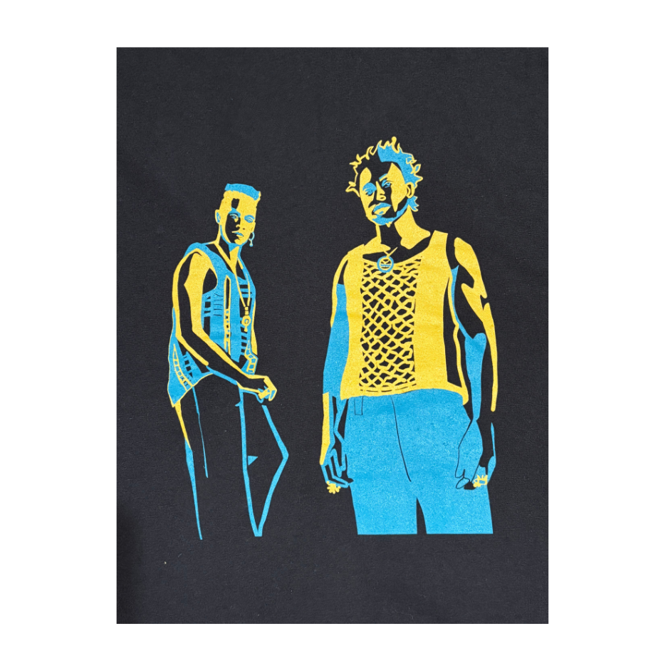 Two stylized figures in blue and yellow on a black background pop art style