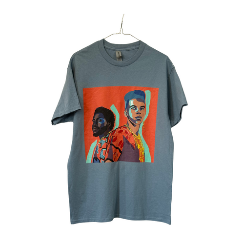Gray/Blue t-shirt with a colorful graphic on a white background