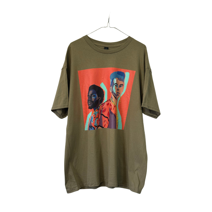 Olive green t-shirt with a graphic design on a white background