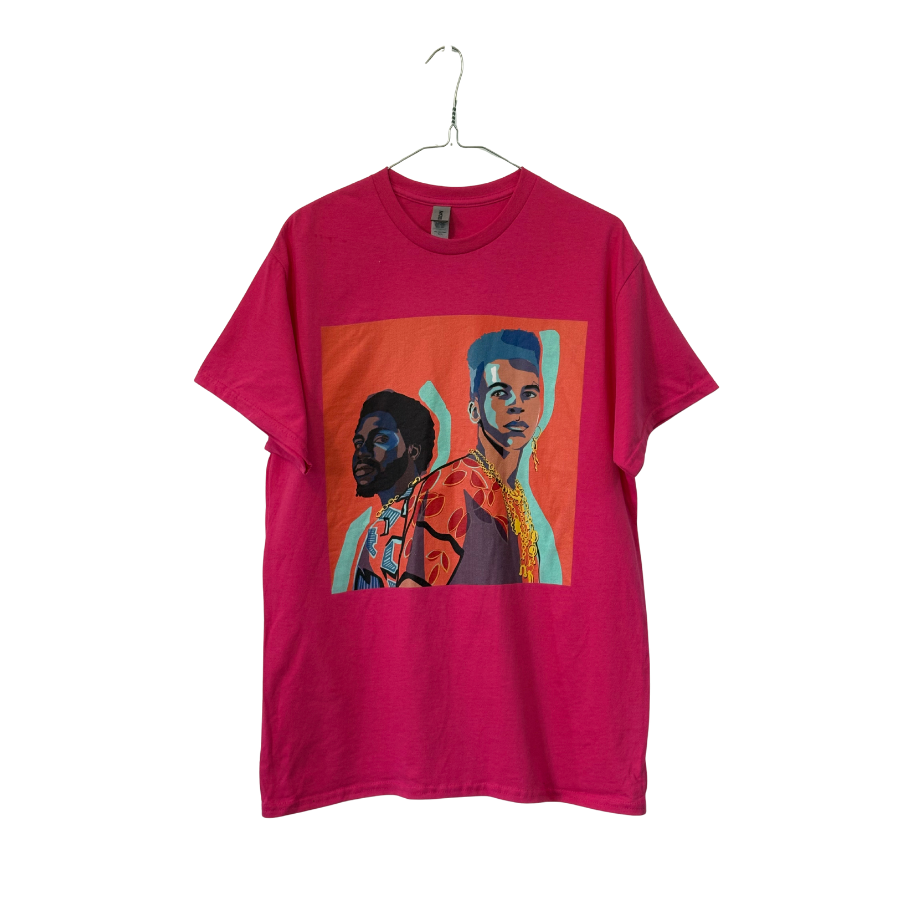 pink t-shirt with a graphic design on a background