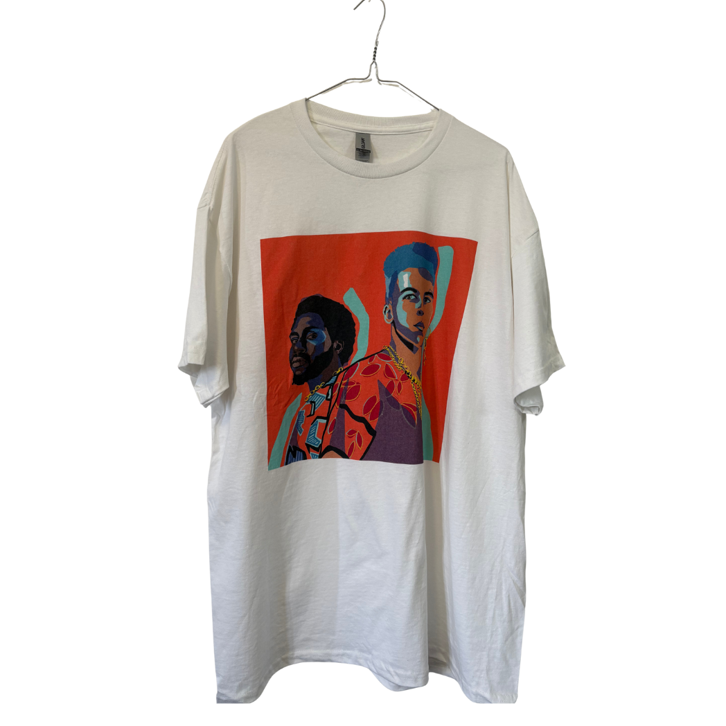 White t-shirt with a colorful graphic of two people on a hanger against a white background