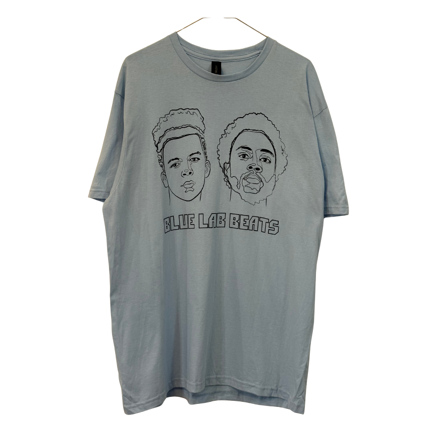 blue t-shirt with line art faces graphic design on a white background