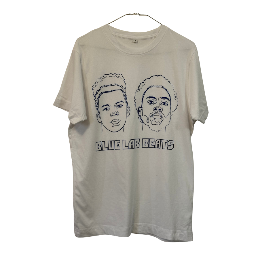 white t-shirt with blue line art faces  graphic design on a white background