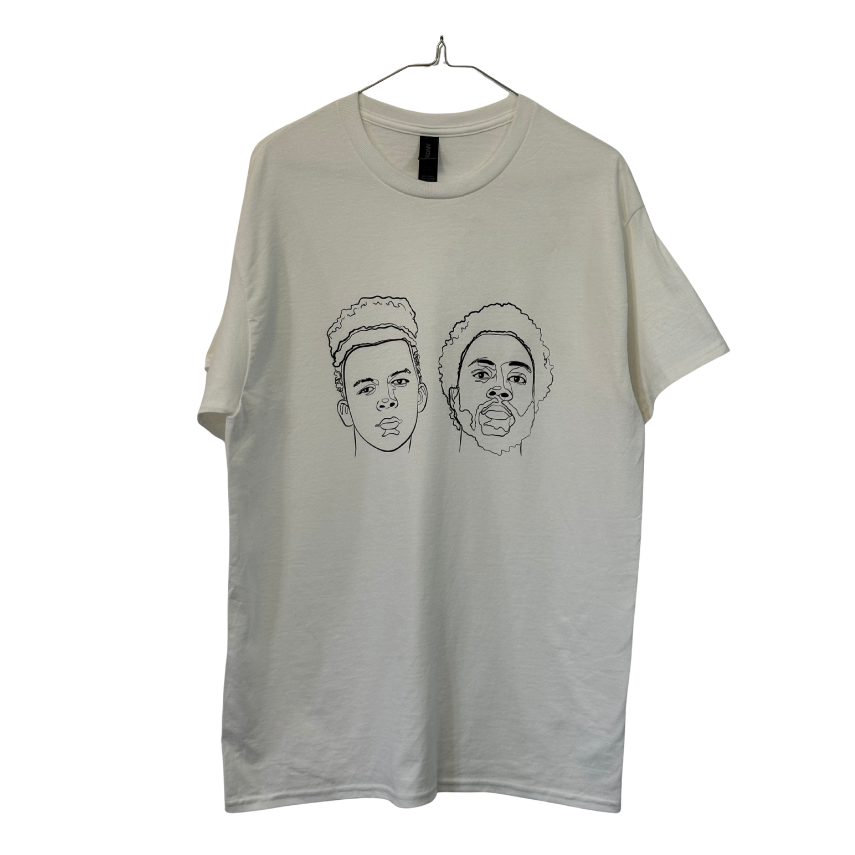 white t-shirt with black line art faces graphic on a white background