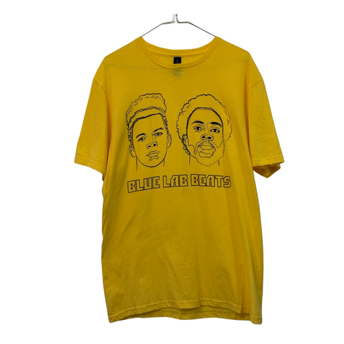 Yellow t-shirt with line art graphic design on a white background