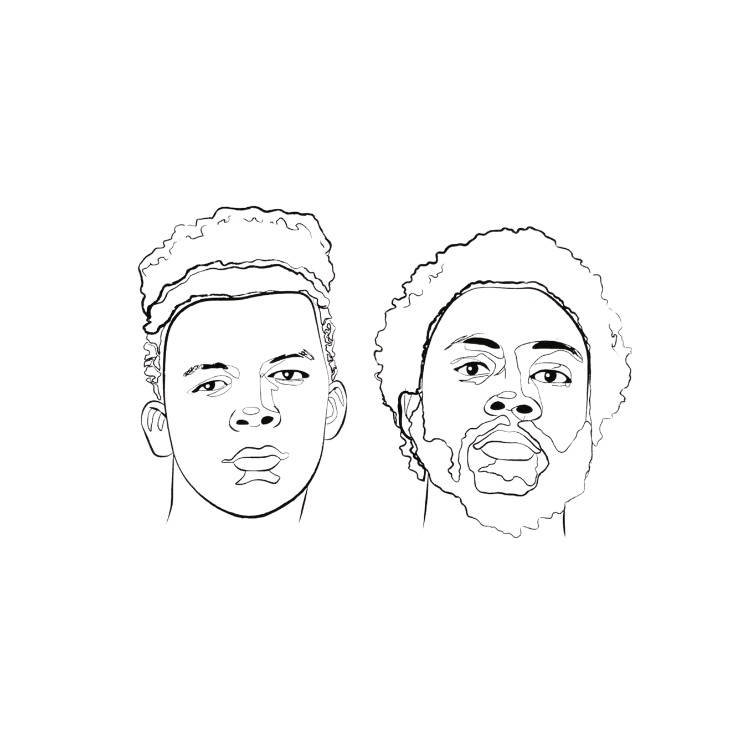 Black and white line art of two faces on a white background